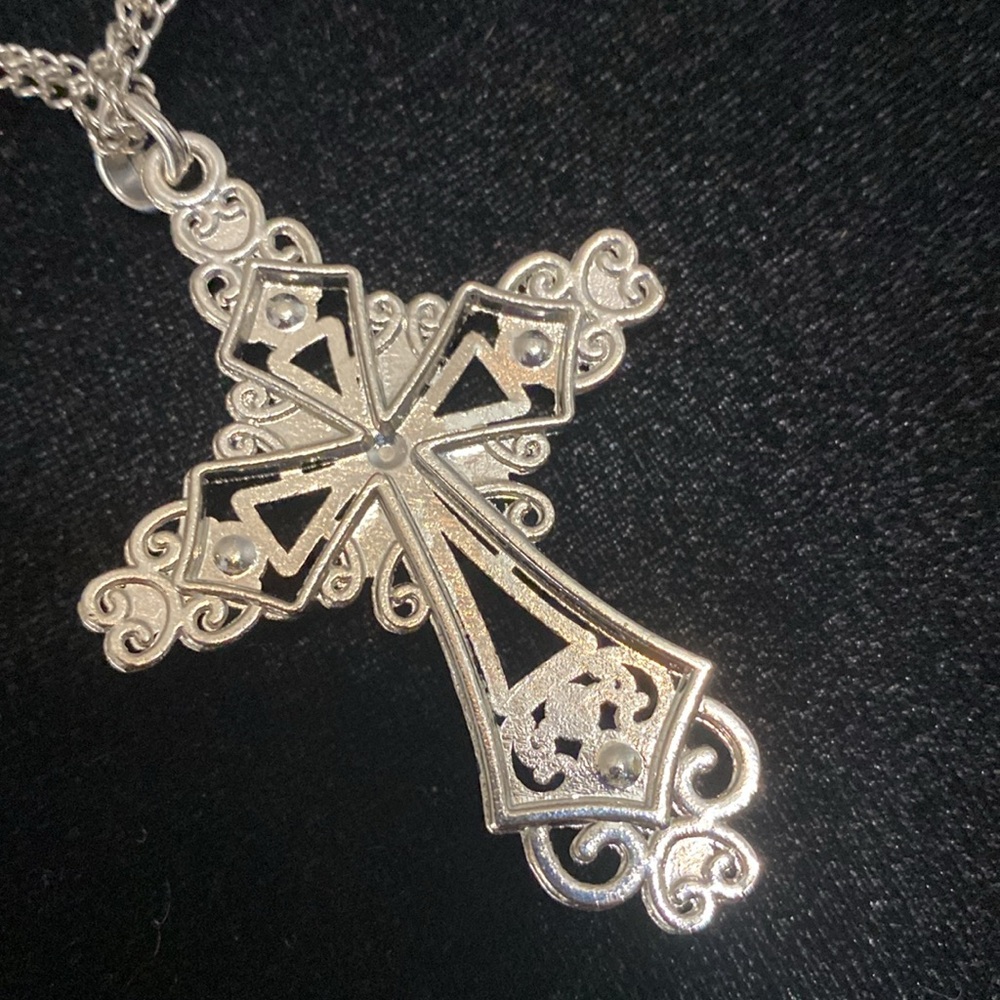 Vintage Silver Double necklace with Cross rhinestones pendant & Silver hoops - Picture 7 of 12